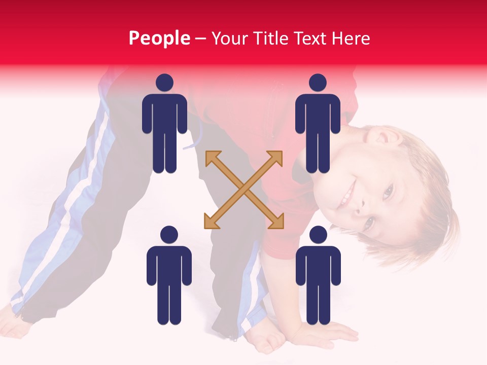 A Cute Four Year Old Boy Wearing Red And Blue Bending Over To Touch His Right Toes. PowerPoint Template