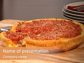 A Chicago Style Deep Dish Pizza With A Piece Cut Out PowerPoint Template