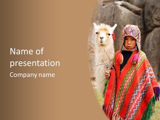 Peruvian Boy In Traditional Dress With Lama At Ancient Ruins In Cusco, Peru. PowerPoint Template