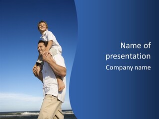 Caucasian Father With Pre-Teen On Shoulders On Beach. PowerPoint Template