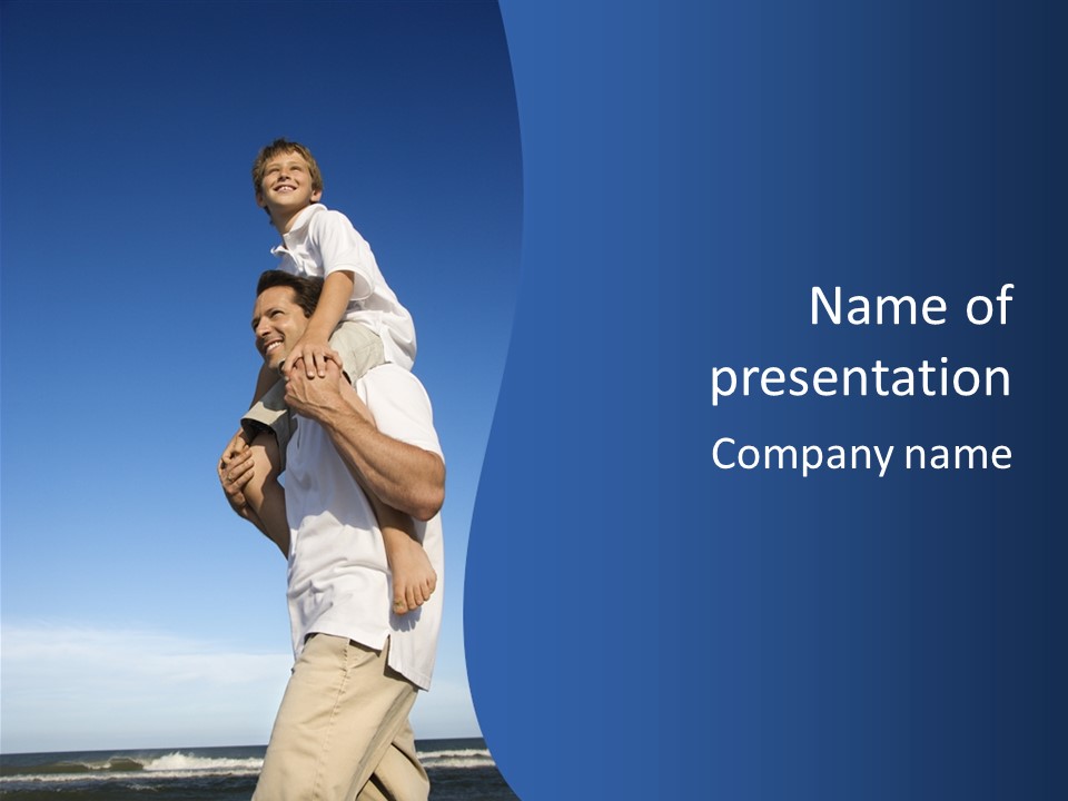 Caucasian Father With Pre-Teen On Shoulders On Beach. PowerPoint Template