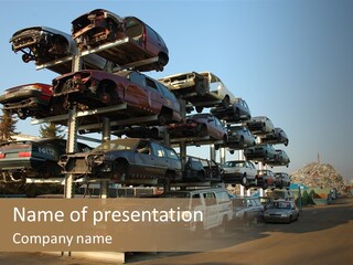 Old Cars For Recycling On The Scrap Yard PowerPoint Template