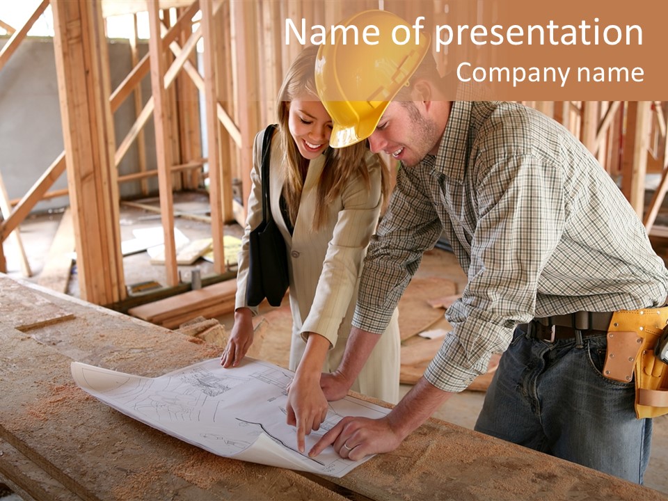 A Home Designer Working With A Home Builder And Inspecting The Blueprints PowerPoint Template