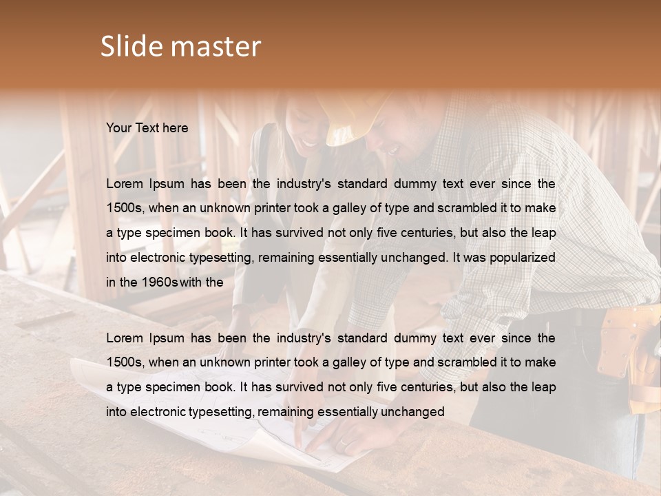 A Home Designer Working With A Home Builder And Inspecting The Blueprints PowerPoint Template