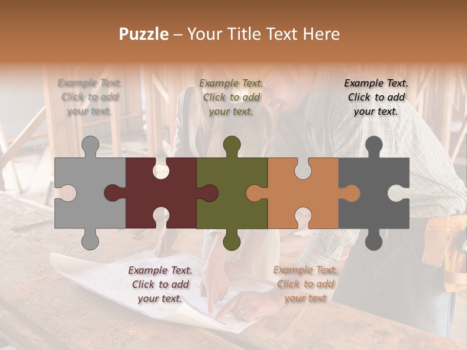 A Home Designer Working With A Home Builder And Inspecting The Blueprints PowerPoint Template