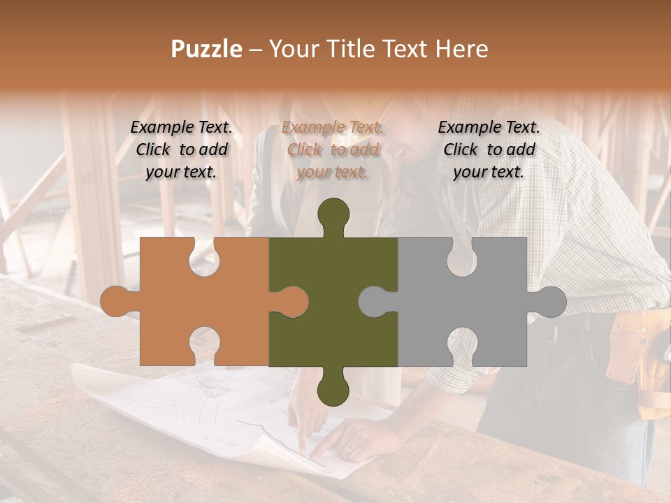 A Home Designer Working With A Home Builder And Inspecting The Blueprints PowerPoint Template