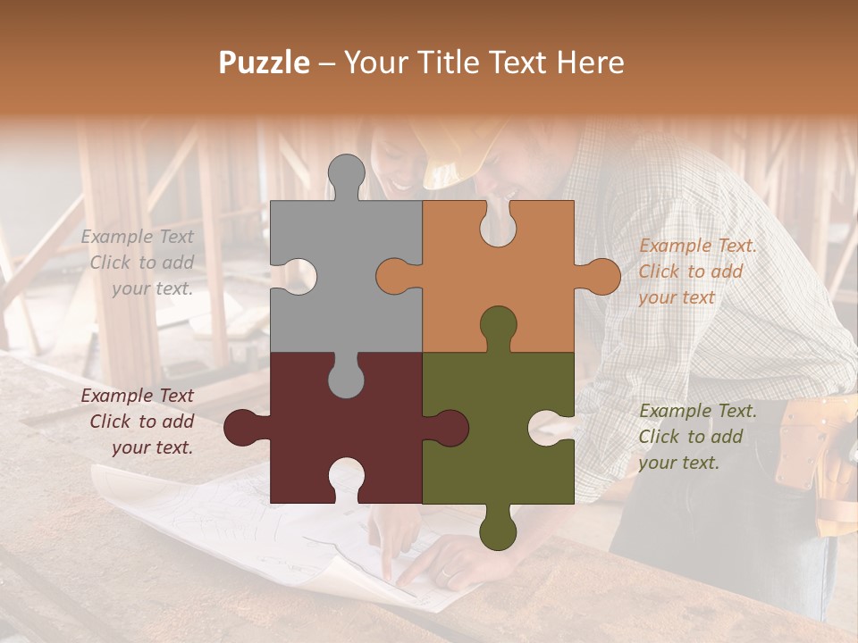 A Home Designer Working With A Home Builder And Inspecting The Blueprints PowerPoint Template