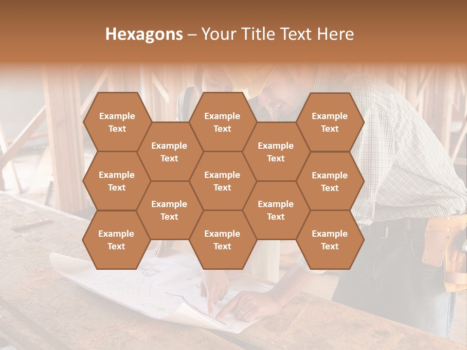 A Home Designer Working With A Home Builder And Inspecting The Blueprints PowerPoint Template