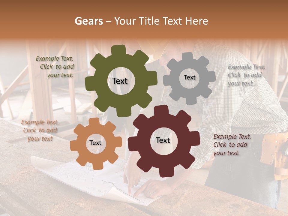 A Home Designer Working With A Home Builder And Inspecting The Blueprints PowerPoint Template