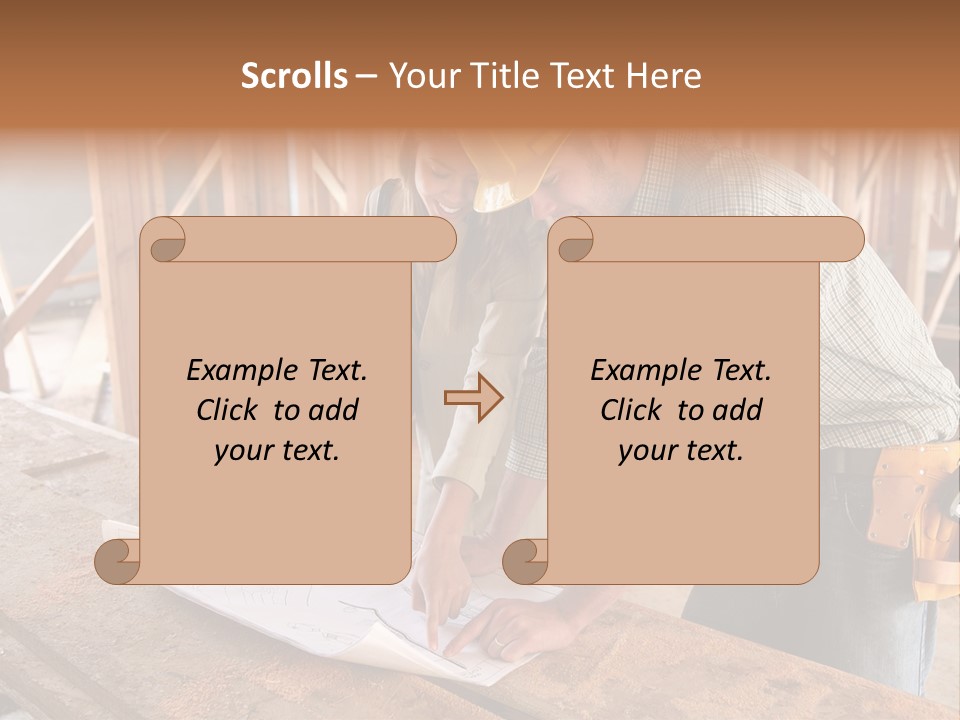 A Home Designer Working With A Home Builder And Inspecting The Blueprints PowerPoint Template