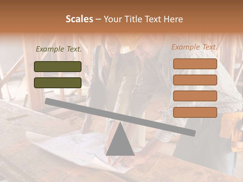 A Home Designer Working With A Home Builder And Inspecting The Blueprints PowerPoint Template