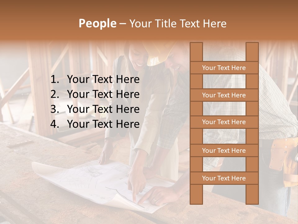 A Home Designer Working With A Home Builder And Inspecting The Blueprints PowerPoint Template