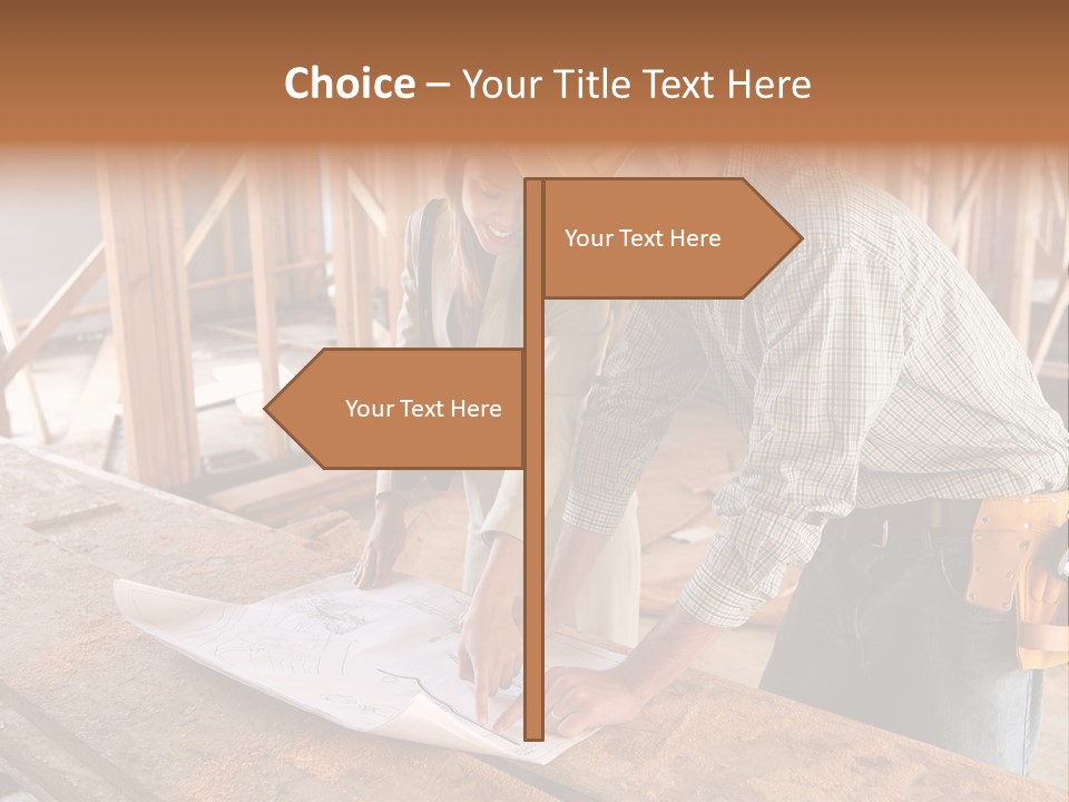 A Home Designer Working With A Home Builder And Inspecting The Blueprints PowerPoint Template