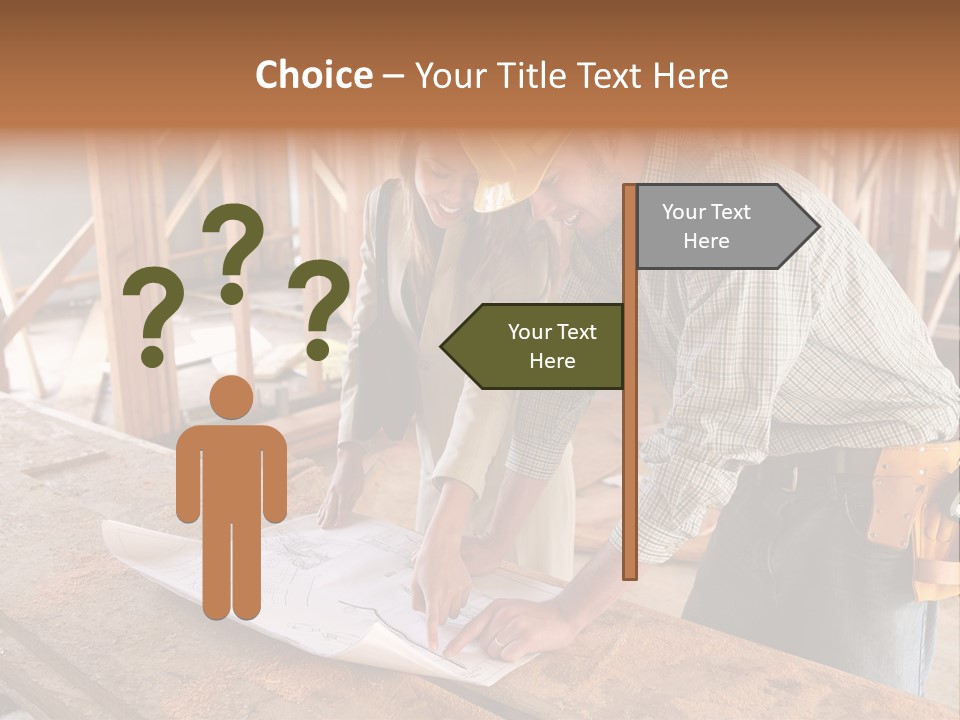 A Home Designer Working With A Home Builder And Inspecting The Blueprints PowerPoint Template