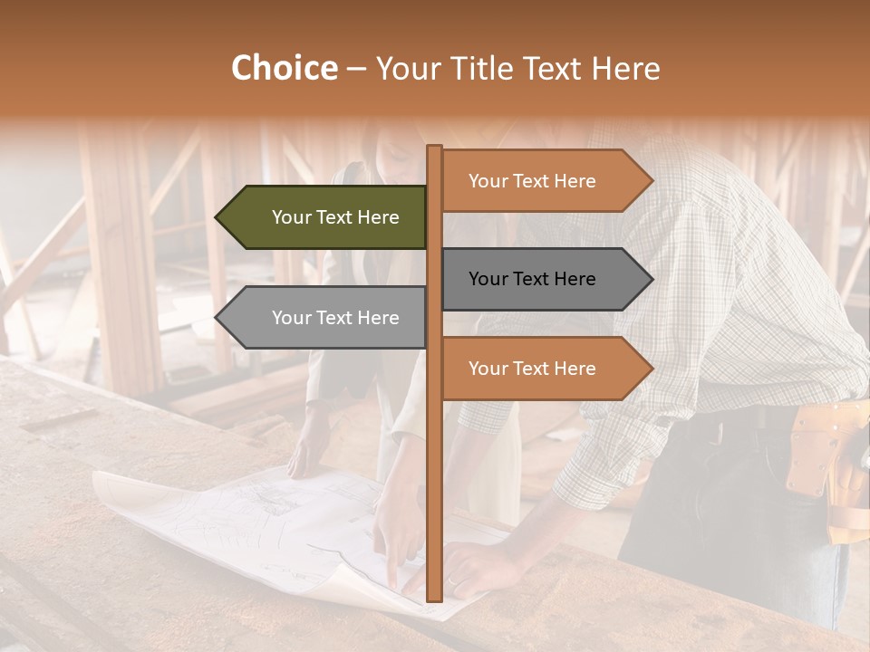 A Home Designer Working With A Home Builder And Inspecting The Blueprints PowerPoint Template