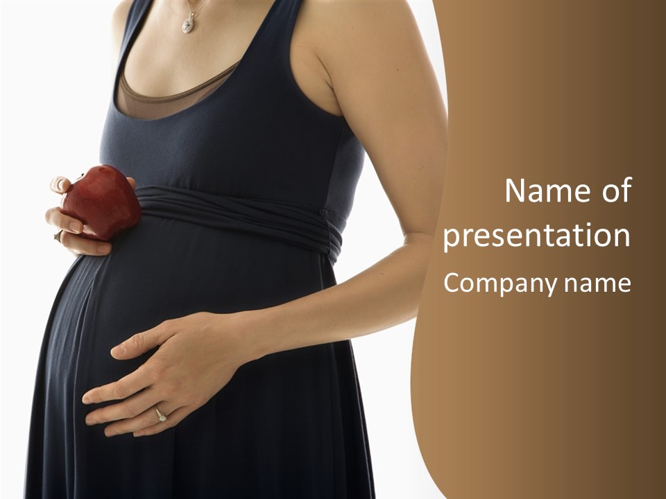 Portrait Of Caucasion Mid-Adult Pregnant Woman With Hands On Belly Holding An Apple. PowerPoint Template