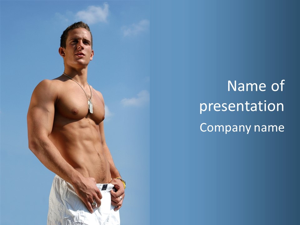 A Man With No Shirt Standing In Front Of A Blue Sky PowerPoint Template