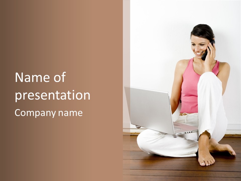 A Pretty Young Woman Sitting On Wooden Floor With Laptop And Mobile Phone PowerPoint Template