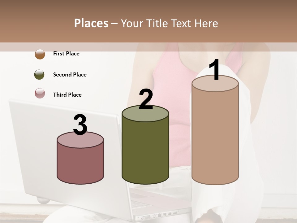 A Pretty Young Woman Sitting On Wooden Floor With Laptop And Mobile Phone PowerPoint Template