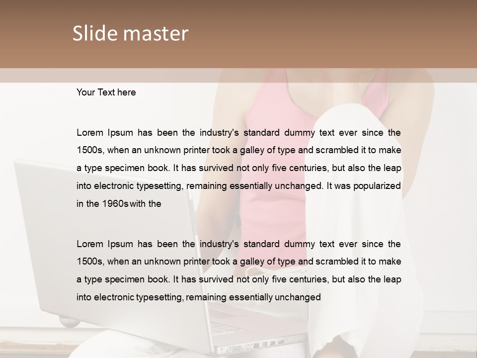 A Pretty Young Woman Sitting On Wooden Floor With Laptop And Mobile Phone PowerPoint Template