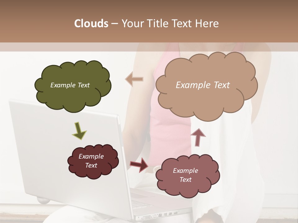 A Pretty Young Woman Sitting On Wooden Floor With Laptop And Mobile Phone PowerPoint Template