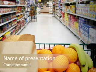 Grocery Cart Loaded With Fresh Fruit And Bread Moving Through The Aisle. PowerPoint Template