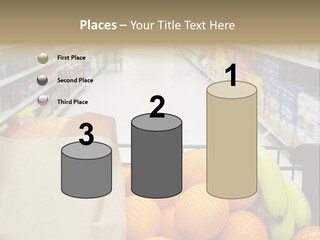 Grocery Cart Loaded With Fresh Fruit And Bread Moving Through The Aisle. PowerPoint Template