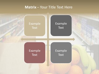 Grocery Cart Loaded With Fresh Fruit And Bread Moving Through The Aisle. PowerPoint Template