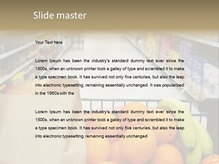 Grocery Cart Loaded With Fresh Fruit And Bread Moving Through The Aisle. PowerPoint Template