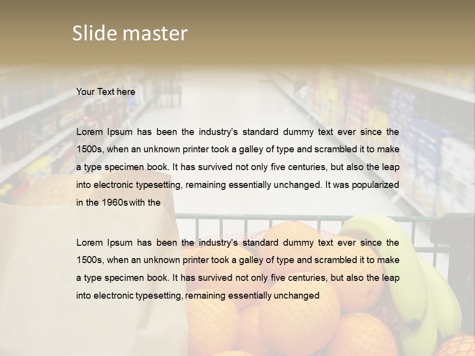 Grocery Cart Loaded With Fresh Fruit And Bread Moving Through The Aisle. PowerPoint Template