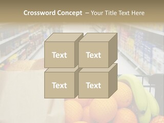 Grocery Cart Loaded With Fresh Fruit And Bread Moving Through The Aisle. PowerPoint Template