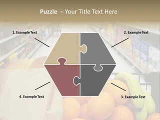 Grocery Cart Loaded With Fresh Fruit And Bread Moving Through The Aisle. PowerPoint Template