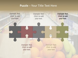 Grocery Cart Loaded With Fresh Fruit And Bread Moving Through The Aisle. PowerPoint Template