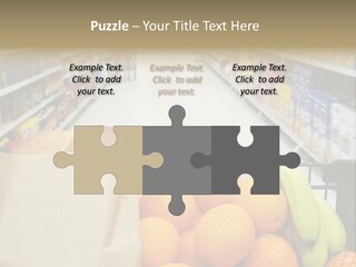 Grocery Cart Loaded With Fresh Fruit And Bread Moving Through The Aisle. PowerPoint Template