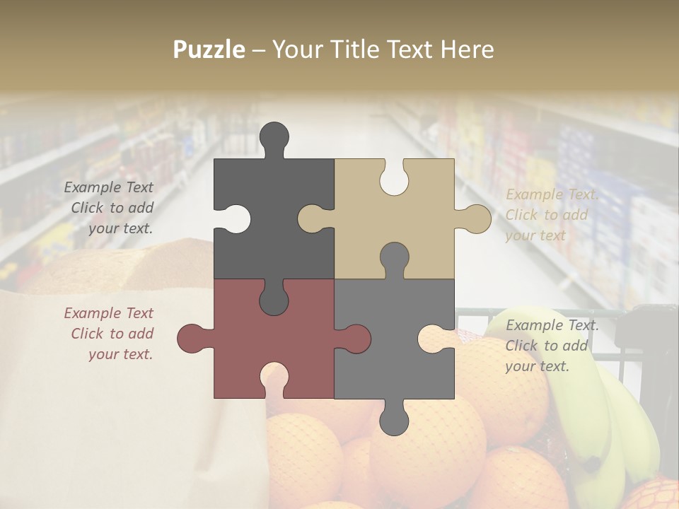 Grocery Cart Loaded With Fresh Fruit And Bread Moving Through The Aisle. PowerPoint Template