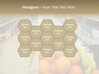 Grocery Cart Loaded With Fresh Fruit And Bread Moving Through The Aisle. PowerPoint Template