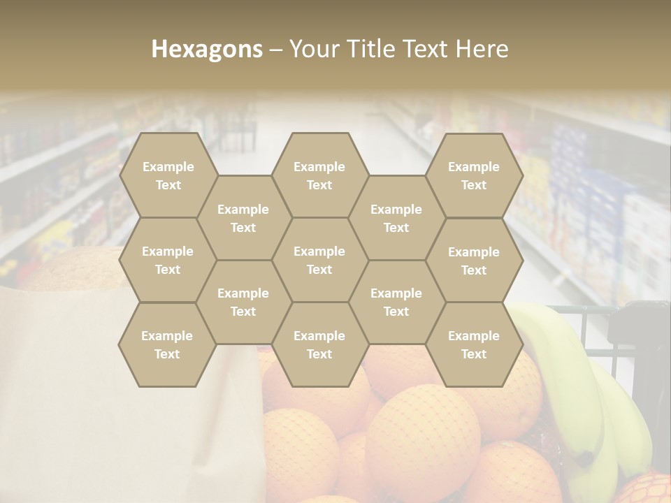 Grocery Cart Loaded With Fresh Fruit And Bread Moving Through The Aisle. PowerPoint Template