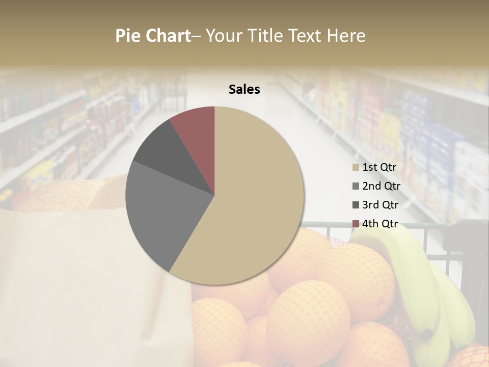 Grocery Cart Loaded With Fresh Fruit And Bread Moving Through The Aisle. PowerPoint Template