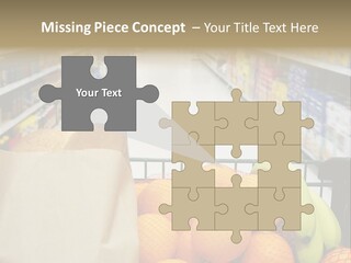 Grocery Cart Loaded With Fresh Fruit And Bread Moving Through The Aisle. PowerPoint Template