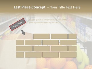 Grocery Cart Loaded With Fresh Fruit And Bread Moving Through The Aisle. PowerPoint Template