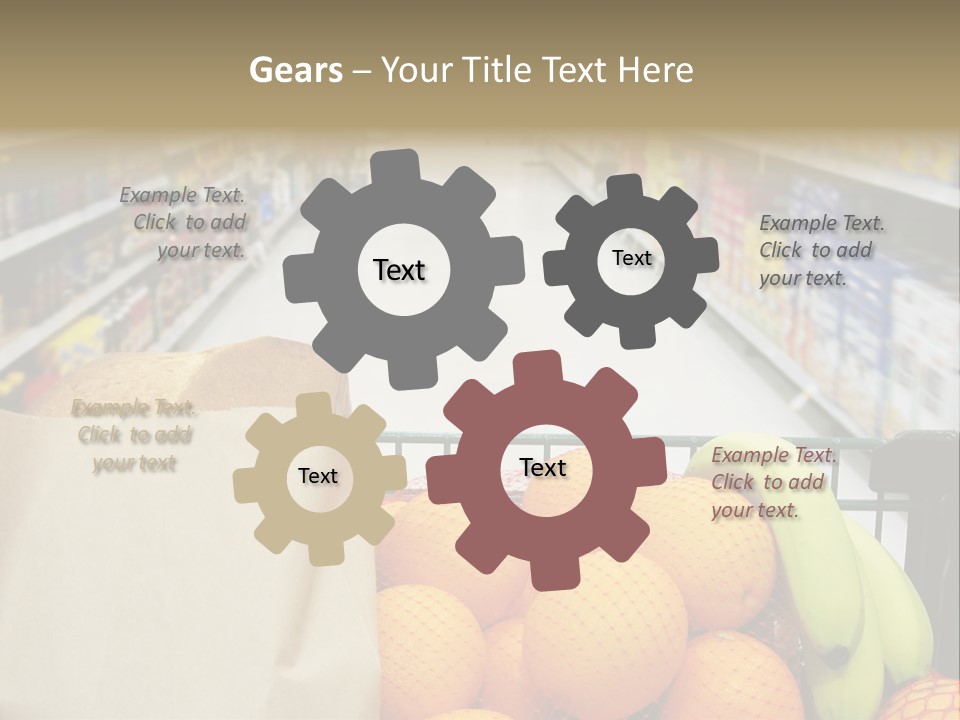 Grocery Cart Loaded With Fresh Fruit And Bread Moving Through The Aisle. PowerPoint Template