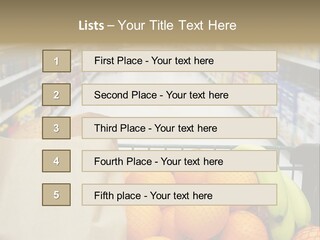 Grocery Cart Loaded With Fresh Fruit And Bread Moving Through The Aisle. PowerPoint Template