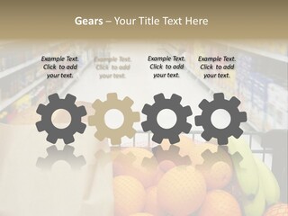 Grocery Cart Loaded With Fresh Fruit And Bread Moving Through The Aisle. PowerPoint Template
