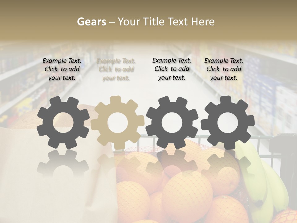 Grocery Cart Loaded With Fresh Fruit And Bread Moving Through The Aisle. PowerPoint Template