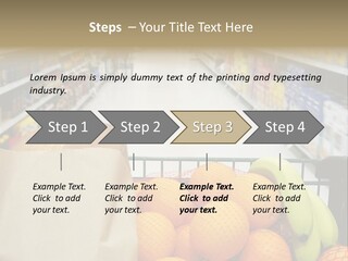 Grocery Cart Loaded With Fresh Fruit And Bread Moving Through The Aisle. PowerPoint Template