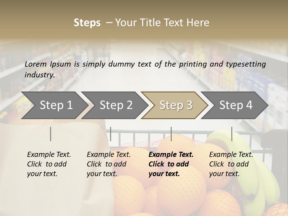 Grocery Cart Loaded With Fresh Fruit And Bread Moving Through The Aisle. PowerPoint Template