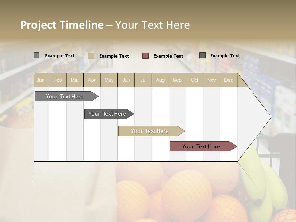 Grocery Cart Loaded With Fresh Fruit And Bread Moving Through The Aisle. PowerPoint Template