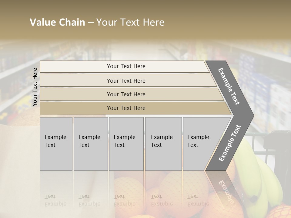 Grocery Cart Loaded With Fresh Fruit And Bread Moving Through The Aisle. PowerPoint Template