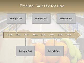 Grocery Cart Loaded With Fresh Fruit And Bread Moving Through The Aisle. PowerPoint Template