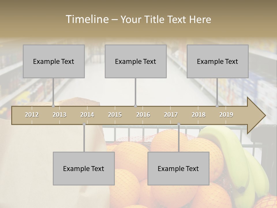 Grocery Cart Loaded With Fresh Fruit And Bread Moving Through The Aisle. PowerPoint Template